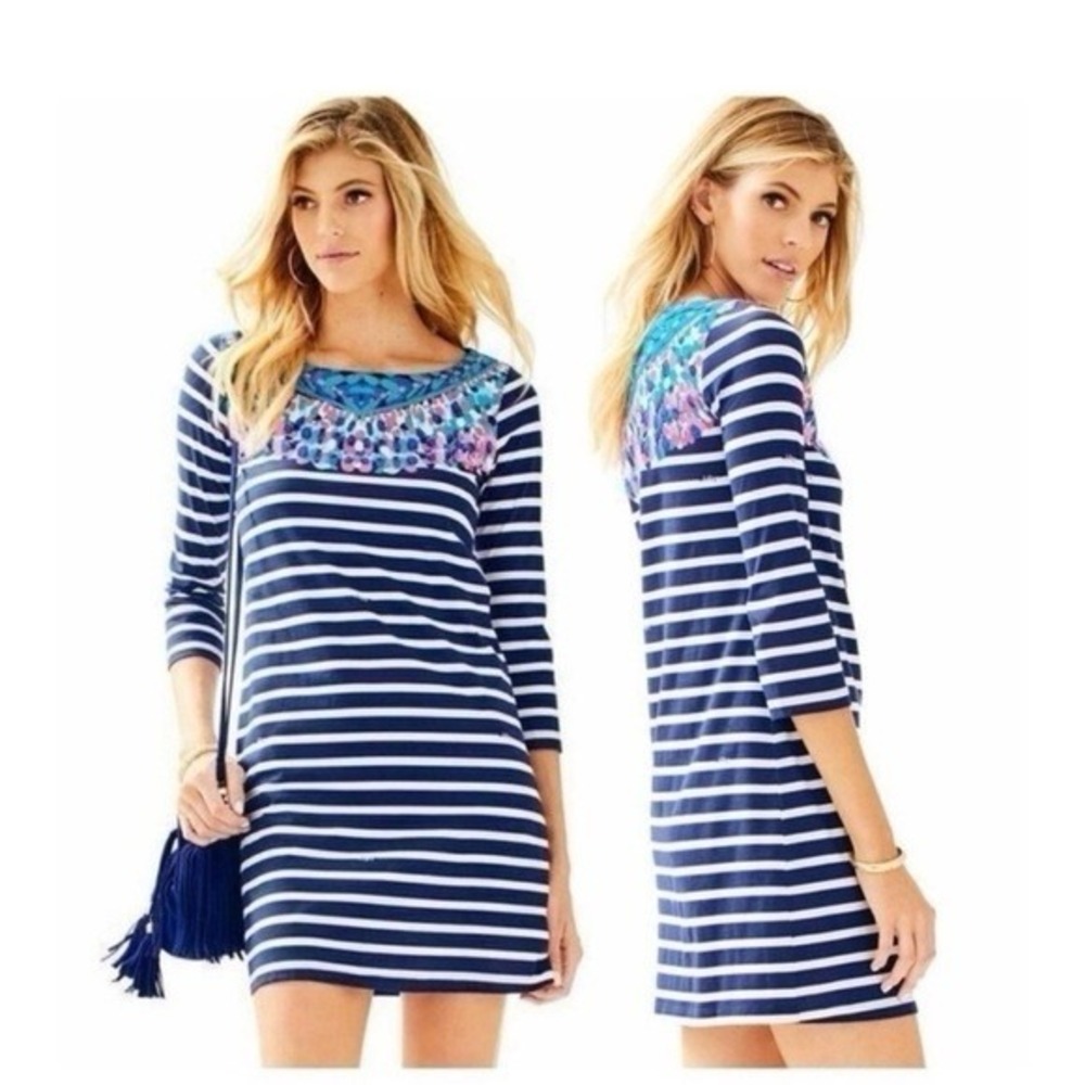 Lilly Pulitzer Women's Size XS‎ Bay Dress Bright Navy Island Medallion Stripe